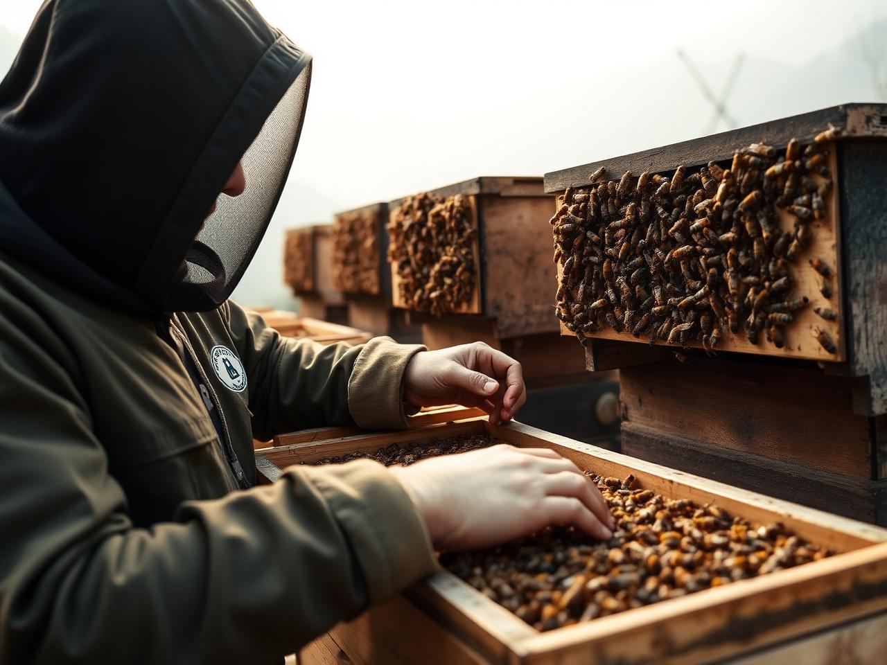Beekeeper inspecting hives in the Kumaon foothills