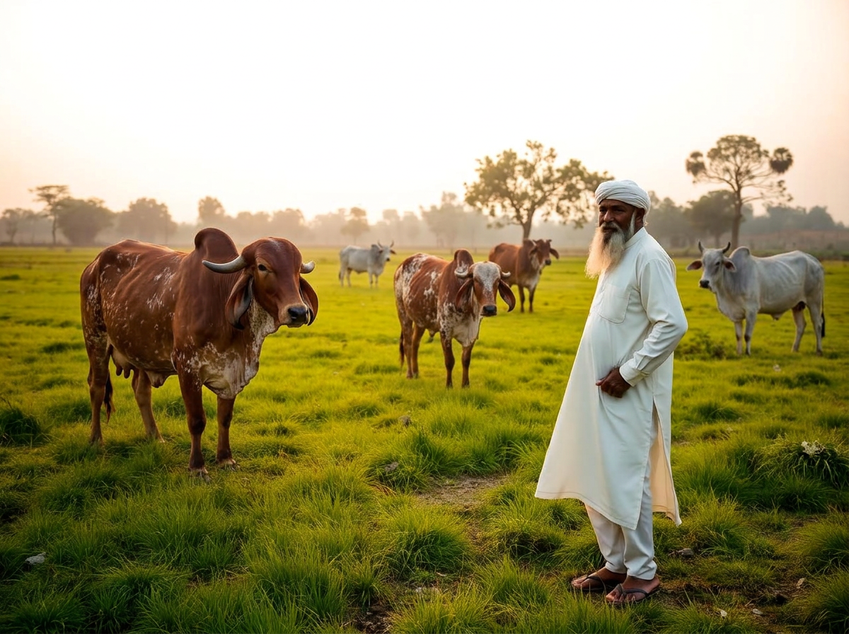 Humped Indian Gir and grey zebu cattle grazing in a field